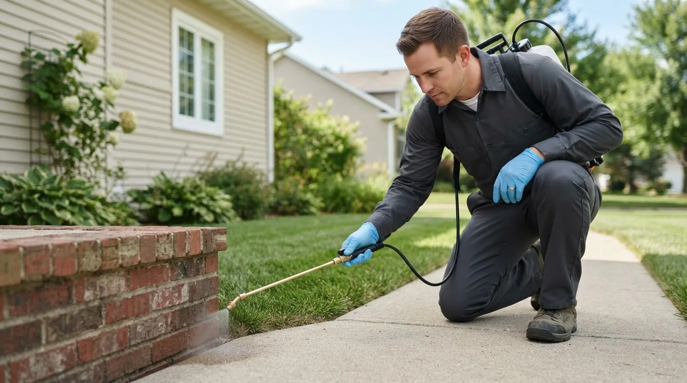 Pest control technician treating a home near Meacham, OR